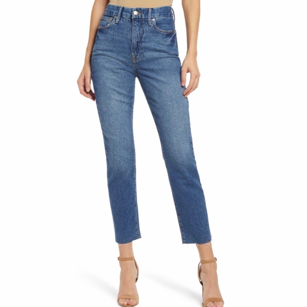 New Good American Slim Straight High Rise Raw Hem Ankle Jeans Blue Size 0 / 25 - Picture 2 of 16